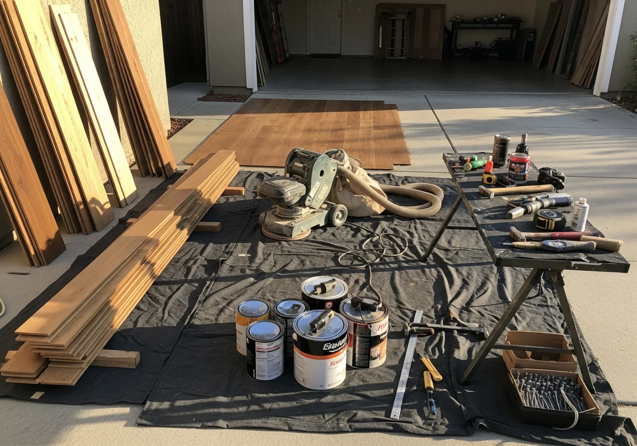 Professional flooring installation crew at work, showcasing tools and materials on a residential job site.