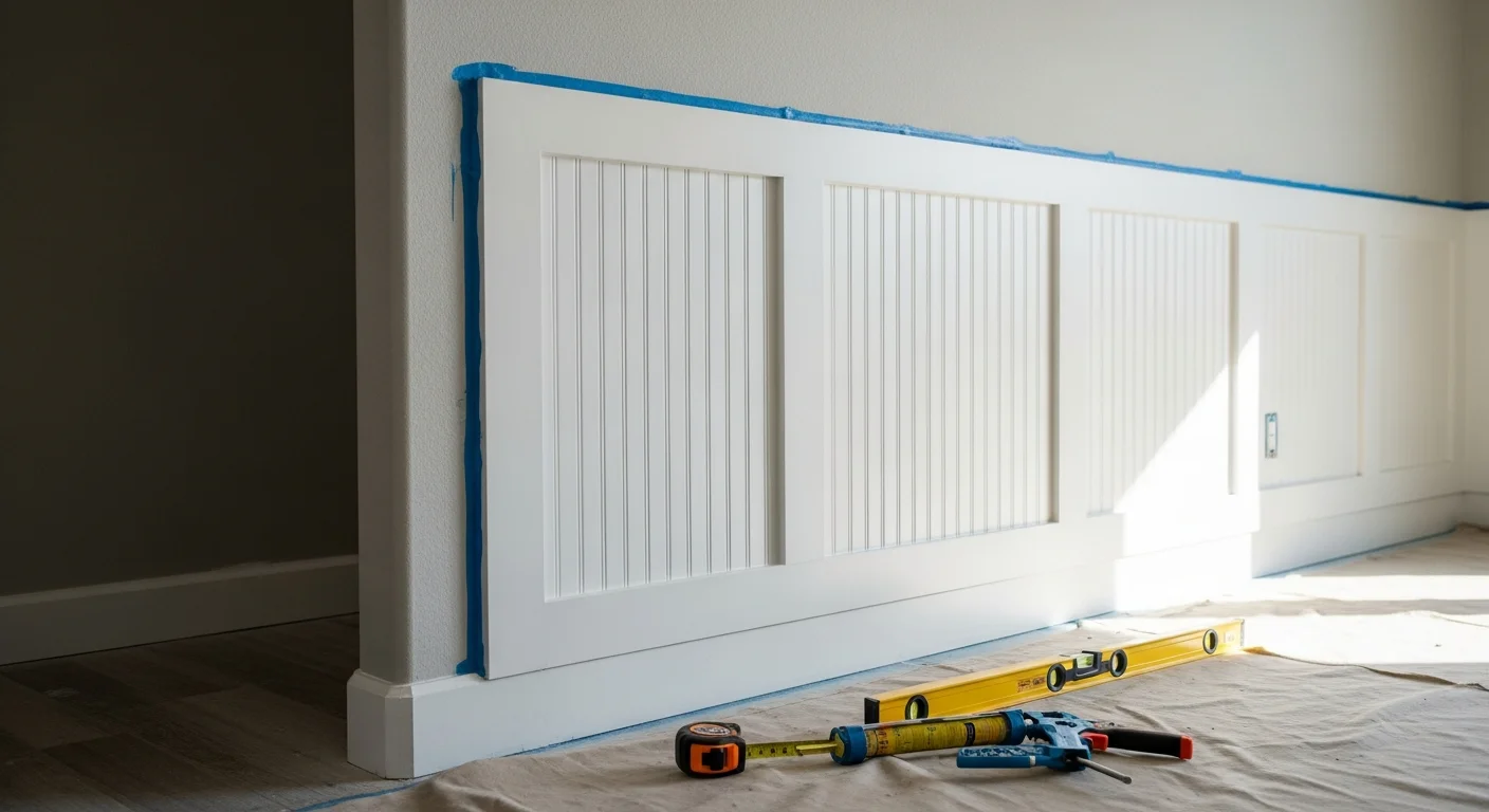 A finished trim and molding accent wall installed in an Arden Park home living room, featuring evenly spaced picture-frame panels painted to match the surrounding wall. Clean caulked seams and filled nail holes give the wall a built-in, architectural appearance.