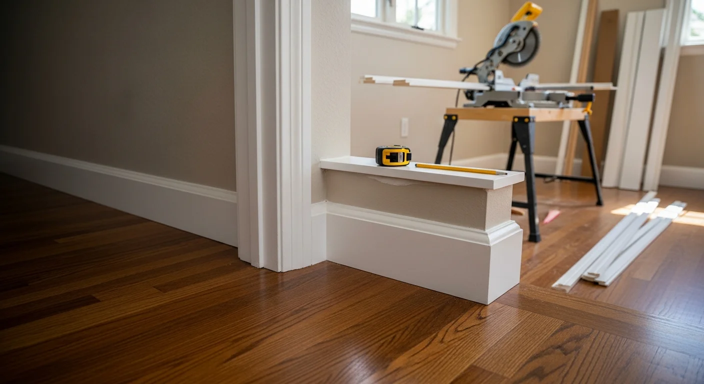 Freshly installed white baseboards running along the base of a painted interior wall in an Arden Park home, meeting a hardwood floor with clean, tight joints at each corner. The trim is consistent with the mid-century interior style common in Sacramento's Arden Park neighborhood.