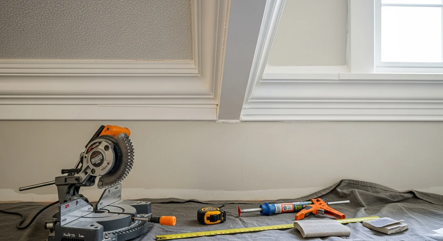 Freshly installed crown molding running along the ceiling line of a living room in an Arden Park home, with clean mitered corners and a paint-ready caulked finish. The trim profile is proportional to the room height, showing a sharp transition between the white ceiling and painted walls.