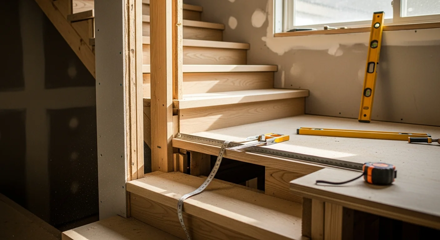 A newly constructed custom wood staircase inside an Arden Park Sacramento home, featuring open risers, a hardwood handrail, and dark-stained treads that complement the existing interior flooring. The stair runs from the main living level to the upper floor of a renovated mid-century two-story residence.