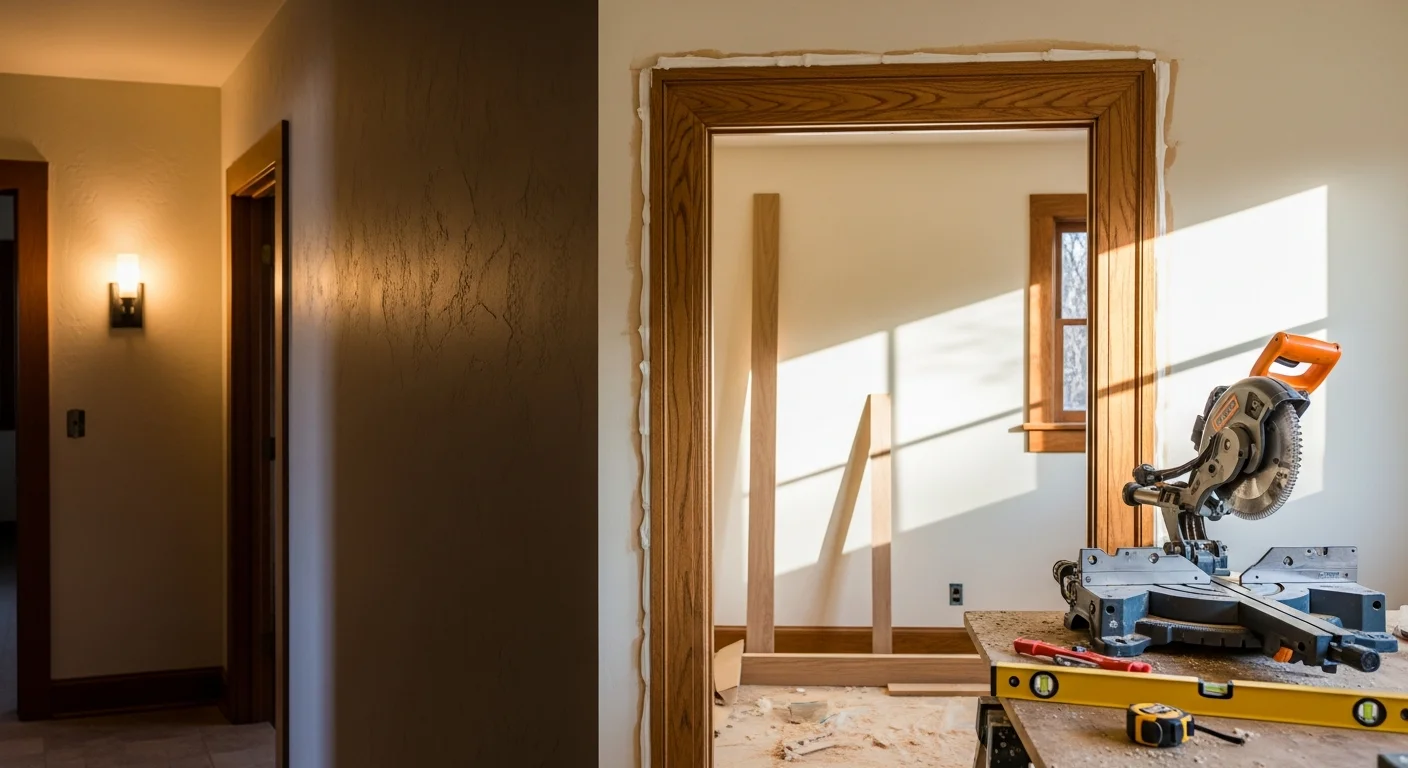 Freshly installed white door casing with clean miter corners framing an interior doorway in an Arden Park ranch-style home. The trim sits flush against the painted drywall with no visible gaps along the jamb edge.