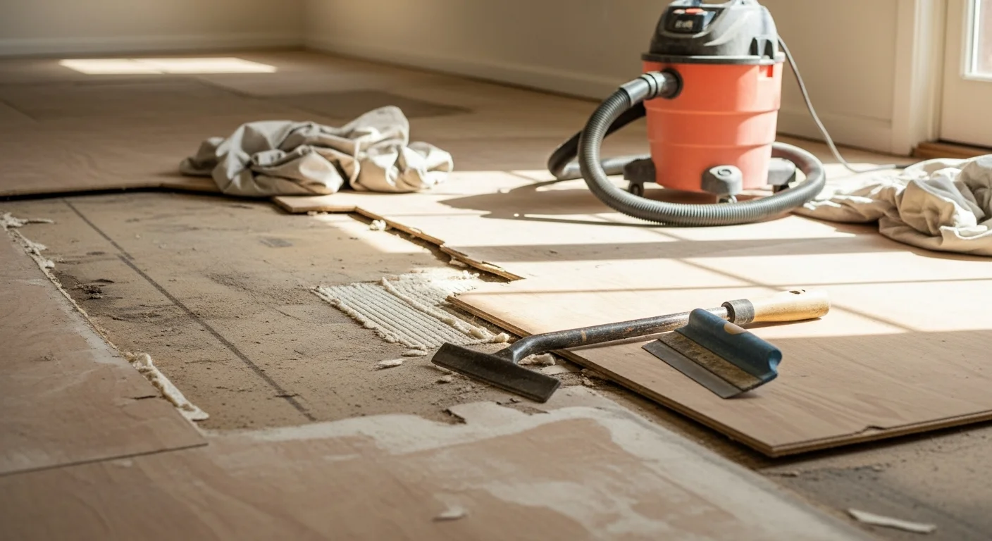 A cleared subfloor in a mid-century ranch home in Arden Park after professional flooring removal by Bonafide Flooring Design. Old carpet and adhesive residue have been fully stripped, leaving a clean, level surface ready for new flooring installation.