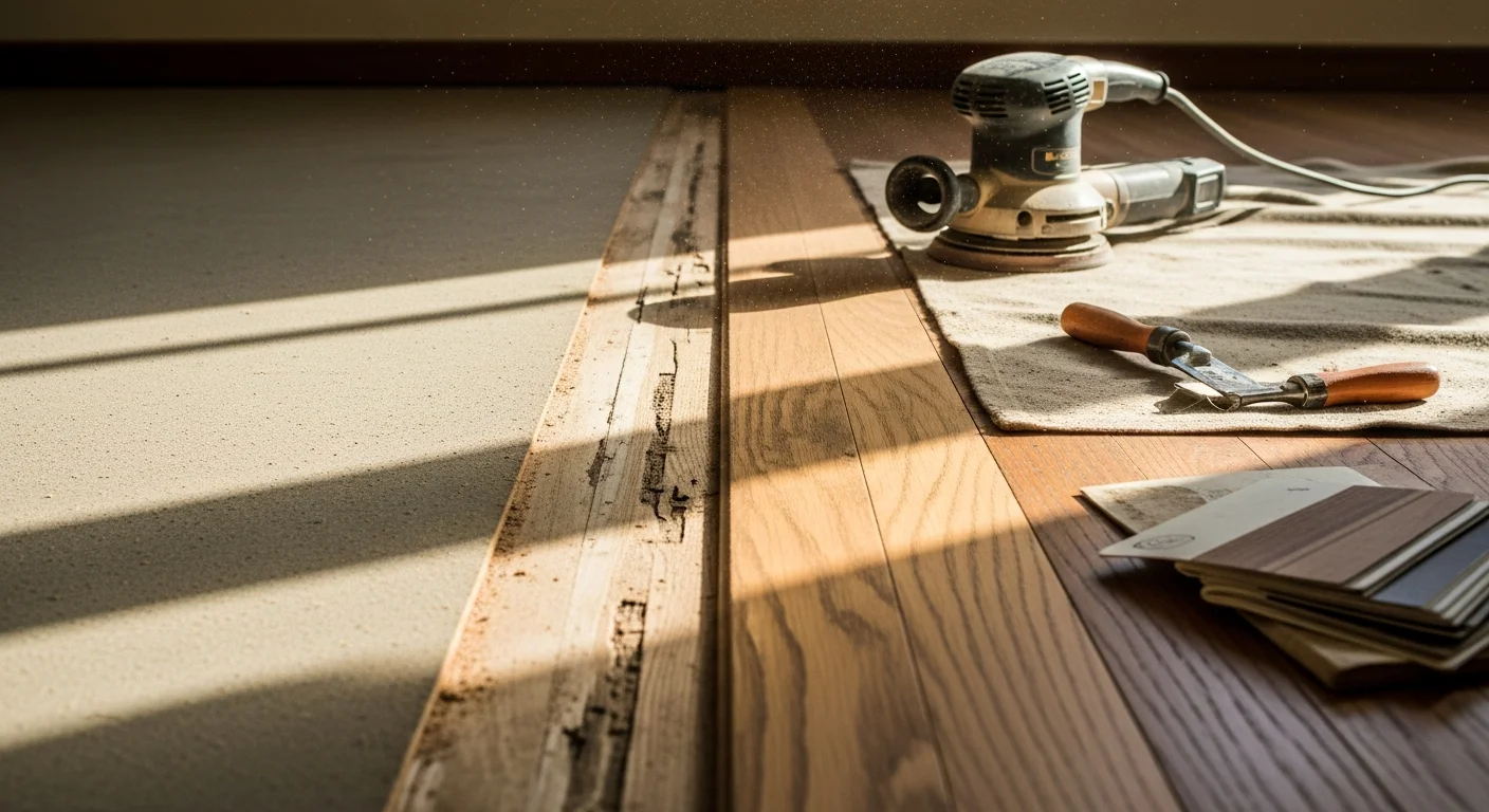A repaired hardwood floor in a mid-century ranch home in Arden Park, Sacramento, showing tight board seams and a smooth, even finish. The floor runs through a sunlit living room typical of the neighborhood's 1940s and 1950s residential architecture.