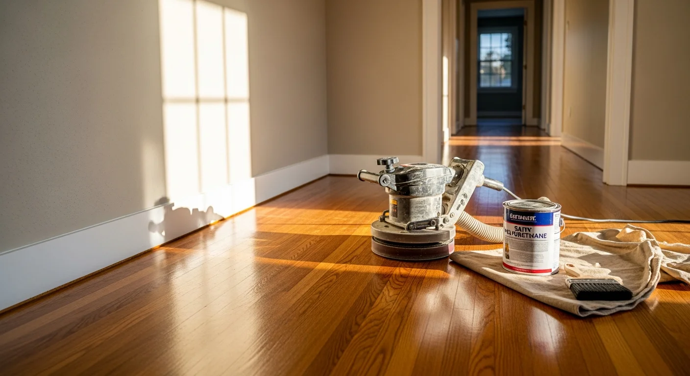 Freshly refinished hardwood floor in a single-story Arden Park home, showing smooth, even wood grain with a clean protective finish coat. The open living area reflects the mid-century ranch-style layout common in the neighborhood.