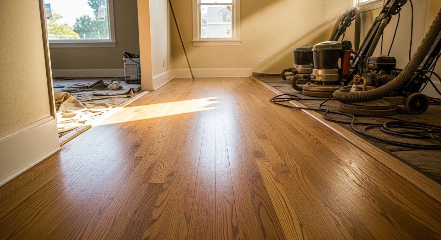Newly installed hardwood flooring in a mid-century ranch home in Arden Park, Sacramento, with natural light across a clean open-plan living area. The floor runs the full length of the room, showing tight seams and a smooth, even finish.