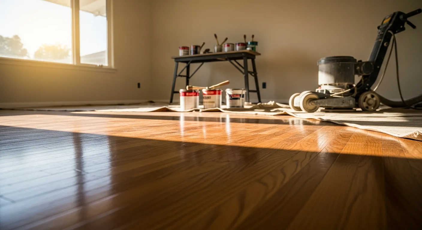 Freshly refinished original hardwood floors in a mid-century ranch home in Arden Park, Sacramento, showing restored wood grain and an even satin finish throughout the main living area. The floor runs from the entry through the open living room, reflecting natural light from large picture windows.