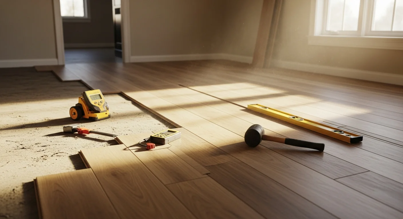 Freshly installed laminate flooring running across the open living area of an Arden Park ranch-style home in Sacramento. Clean plank rows extend from the main entry toward the back of the room with tight seams and smooth transitions at the doorways.
