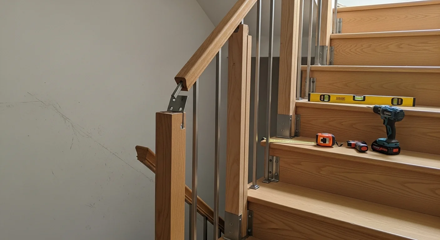 Newly installed interior stair railing in an Arden Park, Sacramento home, showing clean baluster lines and a finished wood handrail along a mid-century style staircase. The installation is viewed from the base of the stairs looking up toward the second floor landing.