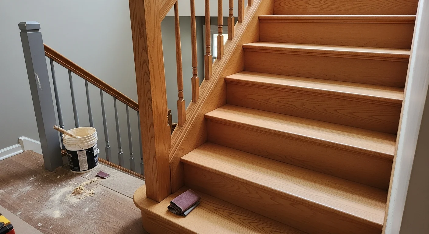 Freshly refinished wood stair treads and white risers inside a mid-century home in Arden Park, Sacramento, showing an even stain coat and smooth sealant finish. Close-up view of the tread edges and baluster bases after professional sanding and refinishing by Bonafide Flooring Design.