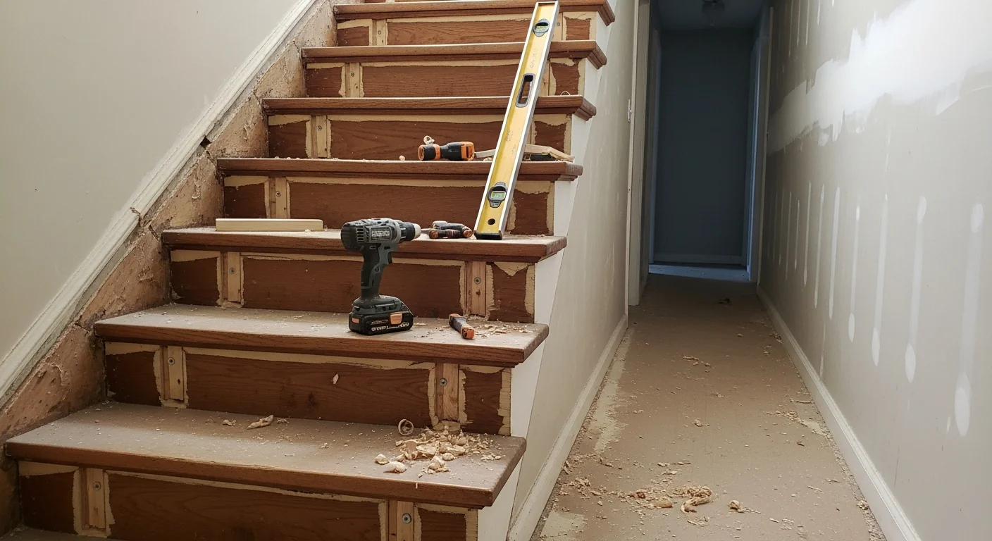 A repaired interior wood staircase in an Arden Park Sacramento home, showing secured treads, a stable handrail, and clean risers consistent with mid-century residential construction. Bonafide Flooring Design stair repair work shown in a two-story Arden Park property.
