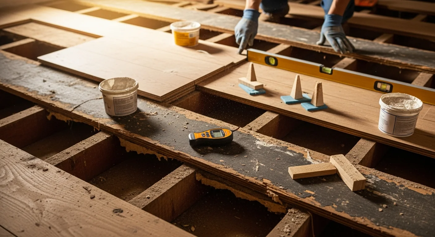 A flooring installer checking and leveling a wood subfloor in an Arden Park Sacramento home during subfloor preparation before new flooring installation. The exposed subfloor shows patched low spots and secured boards ready for the next installation phase.