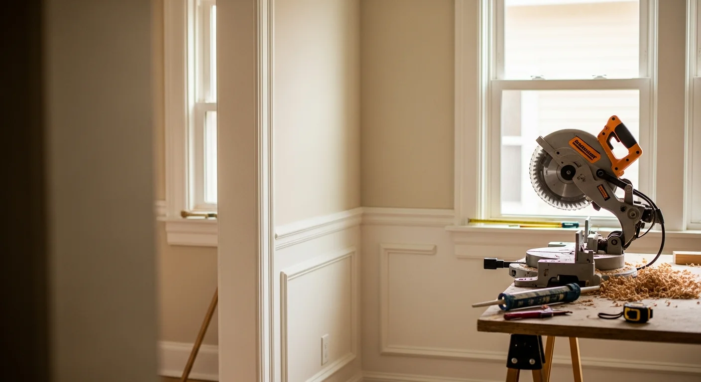 Freshly installed white crown molding and door casing trim in a renovated mid-century ranch home in Arden Park, Sacramento. Clean mitered corners meet painted walls in a bright, updated living room interior.