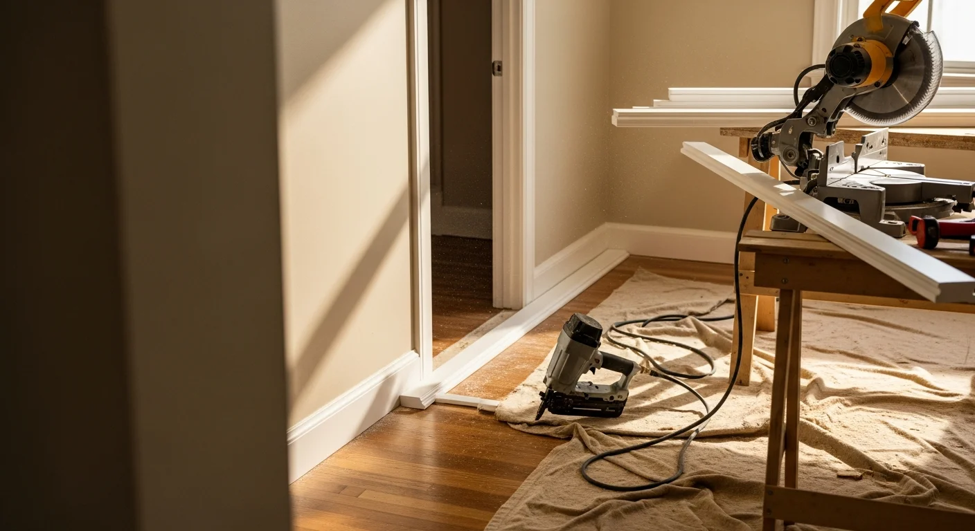 Freshly installed white baseboard trim running along the base of a wall in a mid-century ranch-style home in Arden Park, Sacramento. The trim meets a hardwood floor with a clean, tight joint and no visible gaps at the corners.