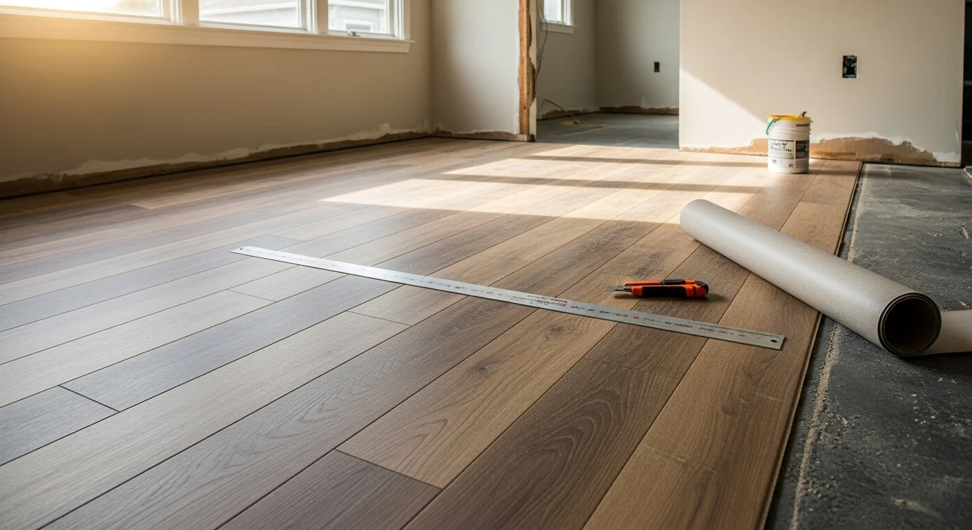 Newly installed vinyl flooring in a mid-century ranch-style home in Arden Park, Sacramento, showing clean seams and a consistent finish across an open living area. Bonafide Flooring Design completed the installation with tight cuts along the baseboards and doorways.